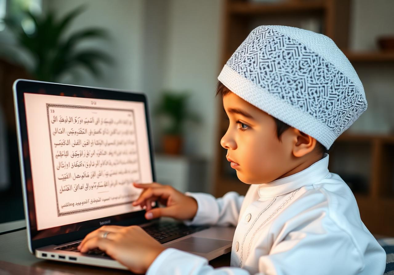 Muslim boy learning Quran on laptop