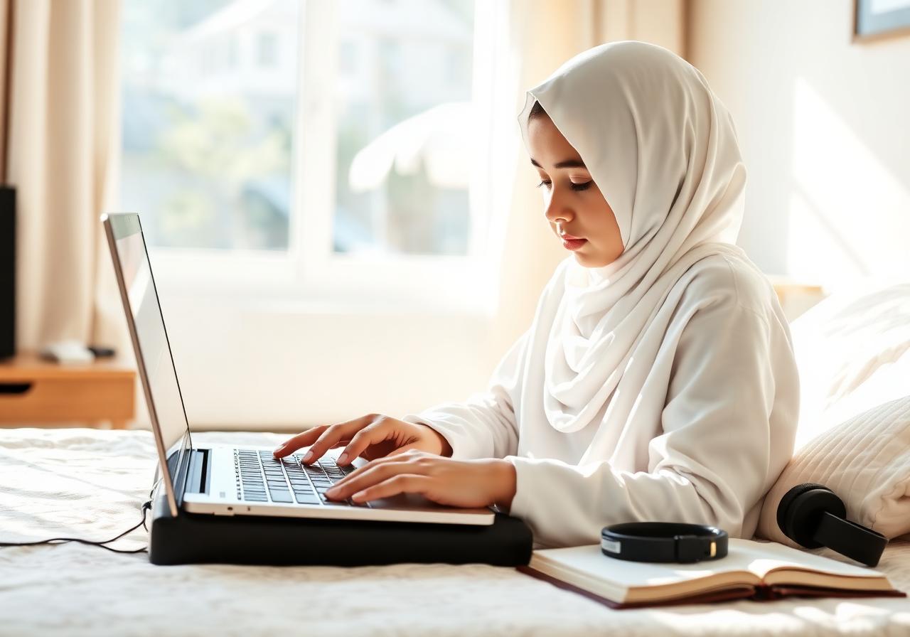 Muslim girl studying Quran online on laptop