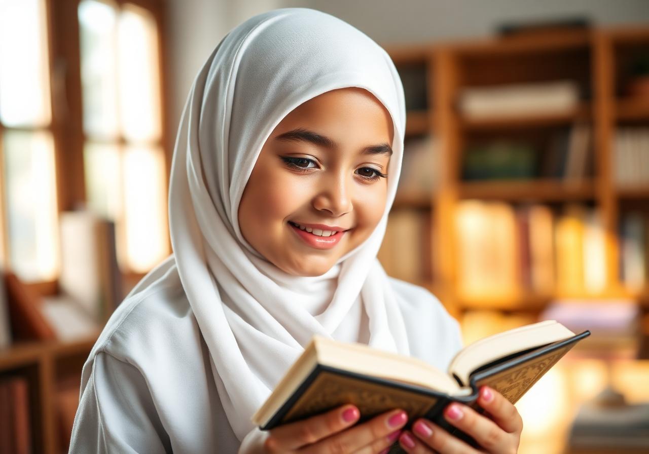Muslim girl in hijab holding Holy Quran